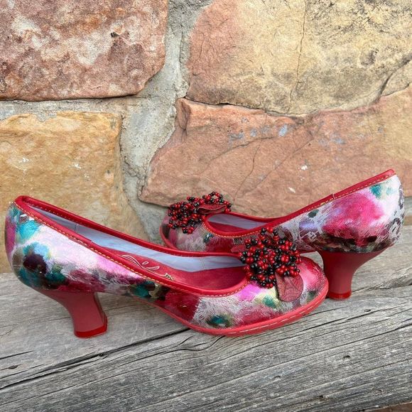 SOCOFY Red Floral Beaded Pumps with Louis Heel Rubber Sole, Size EU 39, US 8M - Picture 6 of 9